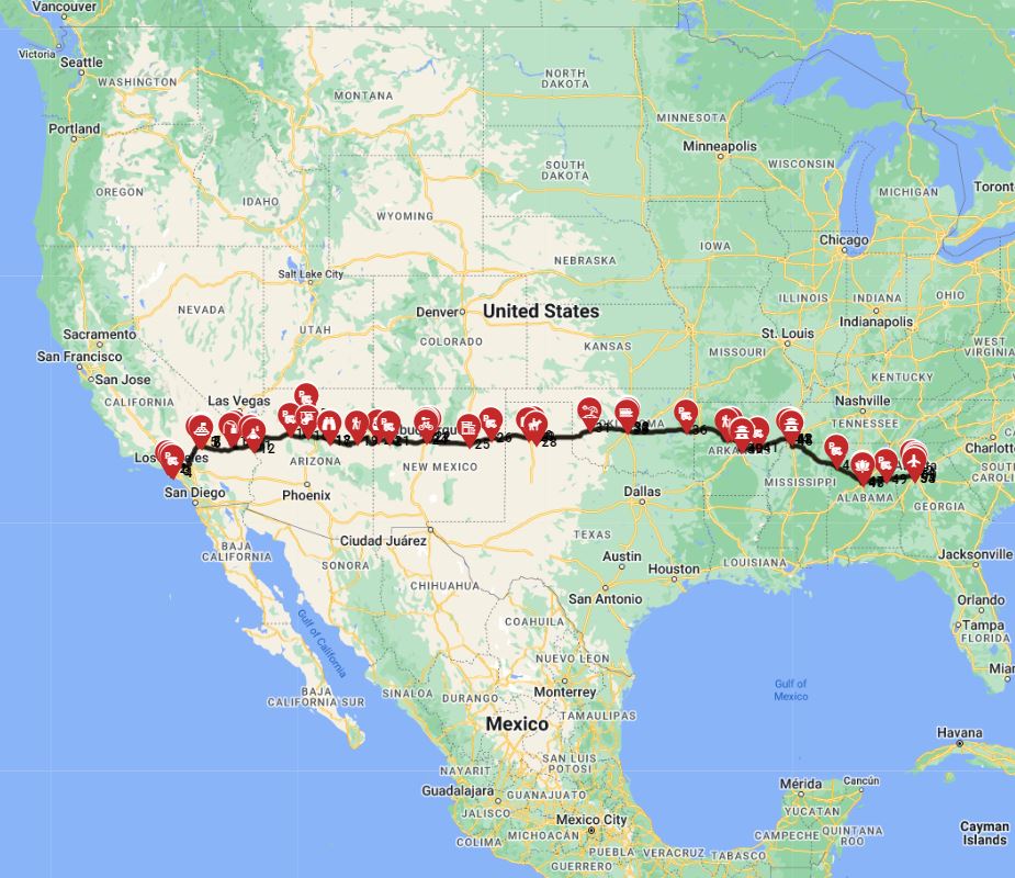 Map for Los Angeles to Atlanta
